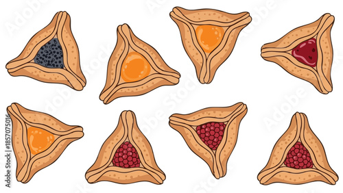 Assorted Hamantaschen cookies with various fillings on white background  
