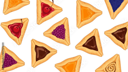 Colorful triangle cookies on white background for Purim celebration  