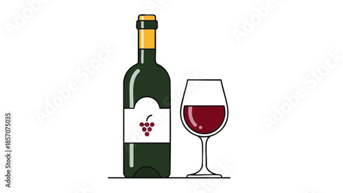 Red wine bottle and glass with grapes on a white background  