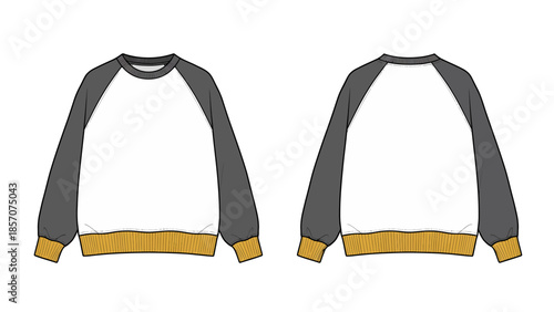 Raglan Sleeve Sweatshirt Vector Technical Illustration, White and Grey Crewneck Template with Mustard Yellow Ribbed Trim