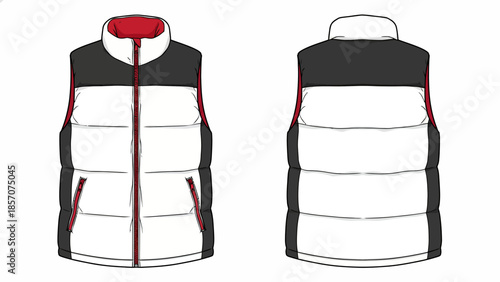 Puffer Vest Vector Technical Illustration, Sleeveless Quilted Jacket Template in White and Black with Red Accents, Front and Back View