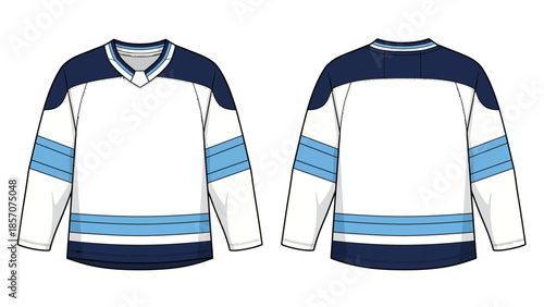 Navy and Light Blue Ice Hockey Jersey Vector Technical Illustration, Sports Uniform Template with Stripes, Front and Back View