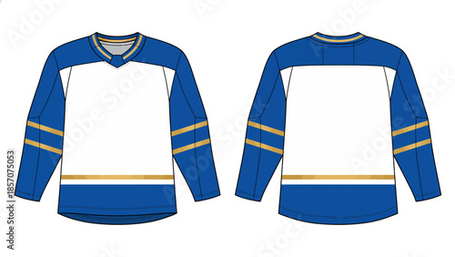 Blue and Gold Ice Hockey Jersey Vector Illustration, Sports Uniform Technical Sketch Template, Front and Back View