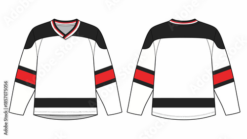 Ice Hockey Jersey Vector Illustration, Black and Red Sports Uniform Template with V-Neck and Stripes, Front and Back View Technical Sketch
