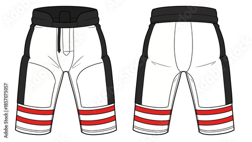 Ice Hockey Pants Vector Technical Illustration, Protective Sports Equipment Template with Triple Red Stripes, Front and Back View