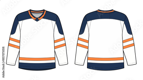 Ice Hockey Jersey Vector Illustration Template, Navy Blue and Orange Sportswear Mockup with Stripes, Front and Back View Technical Sketch