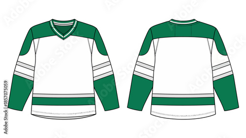 Ice Hockey Jersey Vector Technical Illustration, Green and White Sports Uniform Template with V-Neck and Stripes, Front and Back View