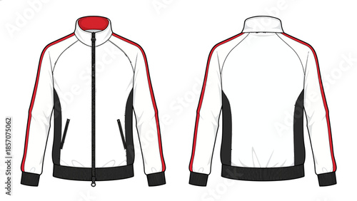 White Track Jacket Vector Technical Illustration, Zip-up Sweatshirt Template with Red Racing Stripes and Black Side Panels, Front and Back View