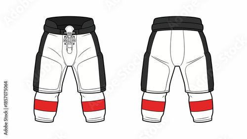 Ice Hockey Pants and Socks Vector Technical Illustration, White and Black Protective Gear Template with Red Stripe, Front and Back View