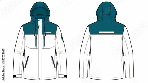 Technical Winter Jacket Vector Illustration, White and Teal Hooded Parka Mockup with Pocket Details, Front and Back View