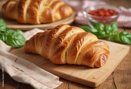 Delicious ham cheese and basil filled croissant on a wooden tablecloth, croissant,  wooden tablecloth,  basil