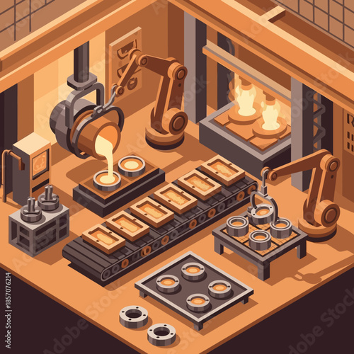 Isometric view of an automated factory production line with robotic arms pouring molten metal into molds and handling finished parts.