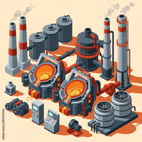 Isometric illustration of a metal smelting industrial plant with furnaces and smokestacks.
