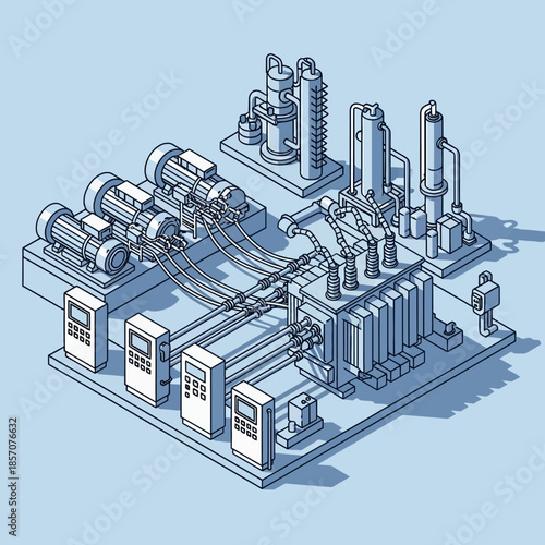 Isometric illustration of an industrial plant with motors, transformers, and processing units.