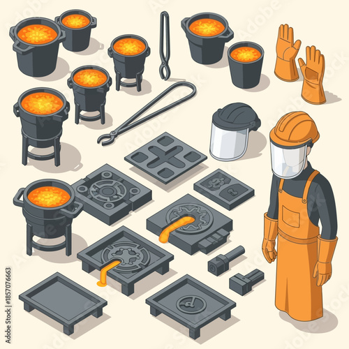 Isometric illustration of a metal foundry with casting equipment, molten metal, molds, and a worker in protective gear.
