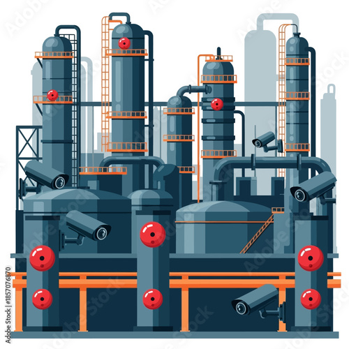 A detailed illustration of a modern industrial chemical plant or oil refinery with security features and complex infrastructure.
