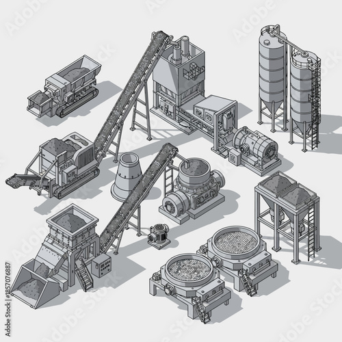 Isometric illustration of various industrial heavy machinery for material processing.