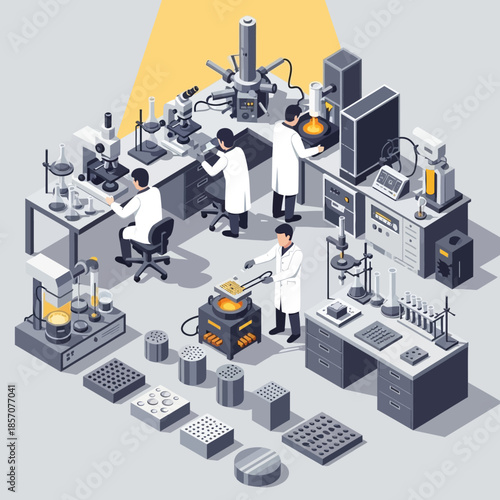 A detailed isometric illustration of a modern scientific research laboratory with multiple scientists conducting experiments using advanced equipment and various samples.