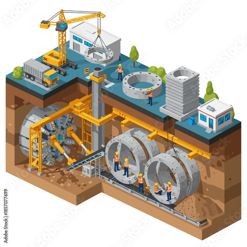 Isometric illustration of an underground tunnel construction site with a boring machine, workers, and concrete segments.