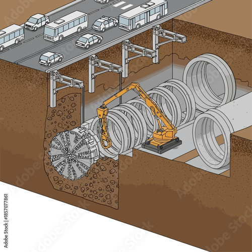Underground tunnel construction beneath a busy road using a tunnel boring machine and precast concrete segments.