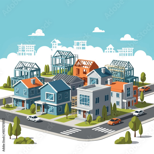 Suburban Neighborhood Under Construction Homes Building Real Estate Development.