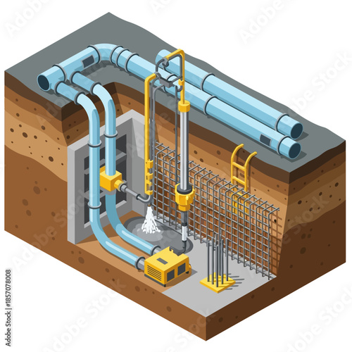 Isometric view of an underground construction site with pipes, a dewatering pump, and concrete structures.