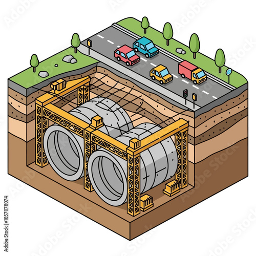 Isometric view of underground construction site with large pipes under a road.