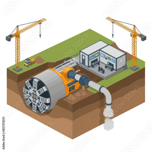 Isometric illustration of a tunnel boring machine (TBM) at a construction site with cranes and a modular building.