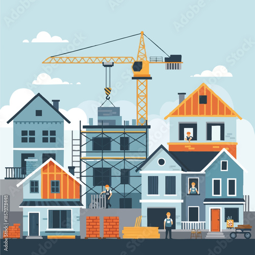 Houses under construction with crane.