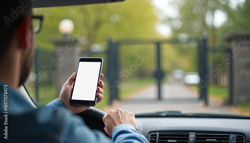 Man in car uses smartphone to open automatic gate. Driver controls entry to gated community. Modern tech enables secure access from vehicle. Future of smart home living.