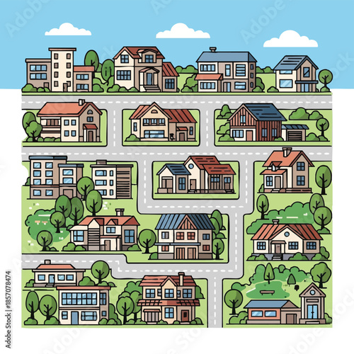 Suburban neighborhood with modern houses and greenery.