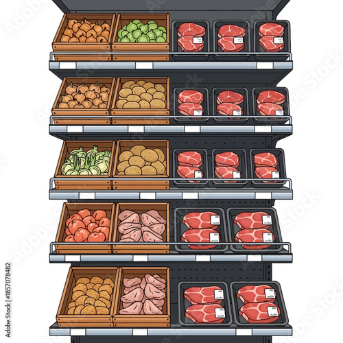 An illustration of a grocery store shelf stocked with various types of fresh produce and meats in labeled bins.