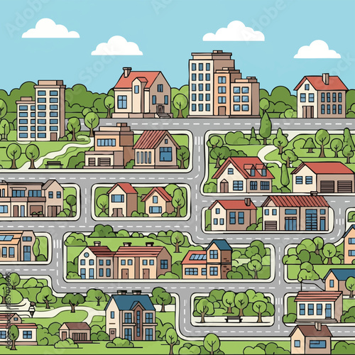 Suburban Neighborhood with Houses and Streets Green Trees and Sky.