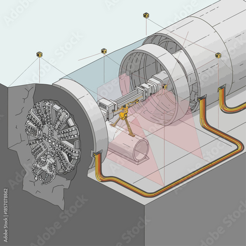 Detailed cutaway illustration of a tunnel boring machine excavating underground, showing the cutter head and installed tunnel segments.