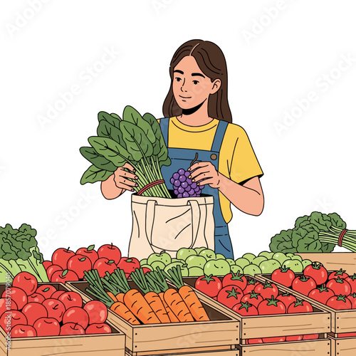 Illustration of a woman shopping for fresh produce at an outdoor market with various fruits and vegetables on display.