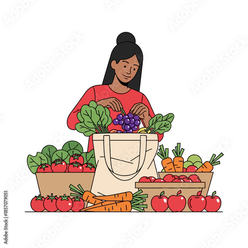 Woman putting fruits and vegetables into a reusable shopping bag with various produce around her on a white background.