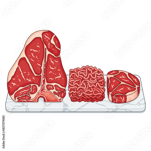 Illustration of raw meat cuts on a white marble tray against a plain white background with a focus on texture and color.