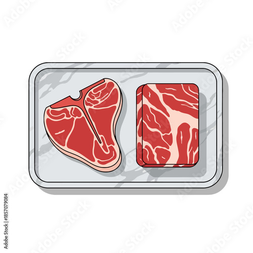 Graphic illustration of raw meat cuts on a silver tray against a white background.