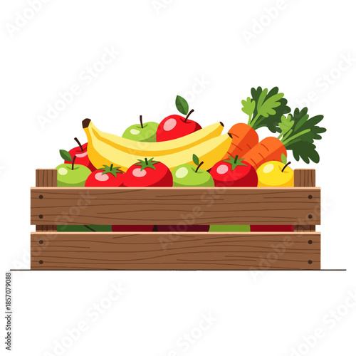 A wooden crate filled with assorted fresh fruits and vegetables against a clean white background in a flat lay composition with vibrant colors.