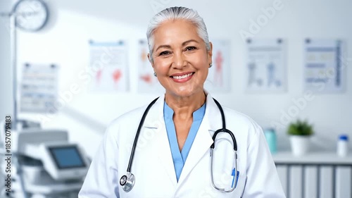 Confident Senior Female Doctor Smiling in Modern Clinic Setting.