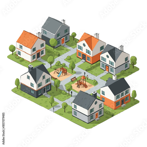 isometric residential neighborhood with playground.