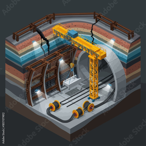 Isometric cross-section of an underground tunnel construction site with crane, workers, and layered earth.