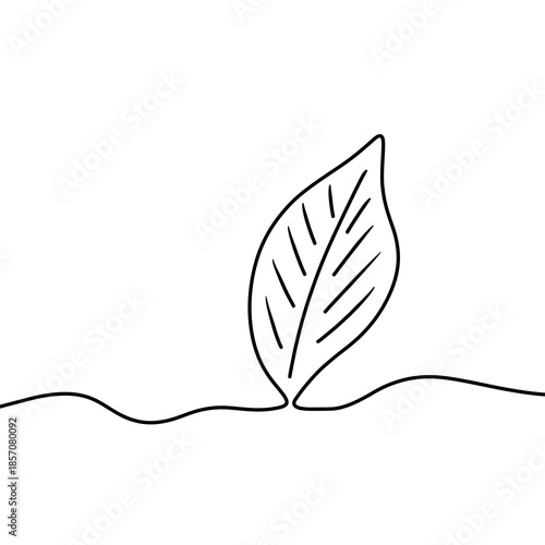 Minimalist one-line drawing of a leaf on white background