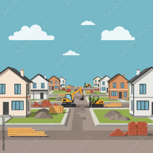 New Housing Development Construction Site with Excavator and Forklift.