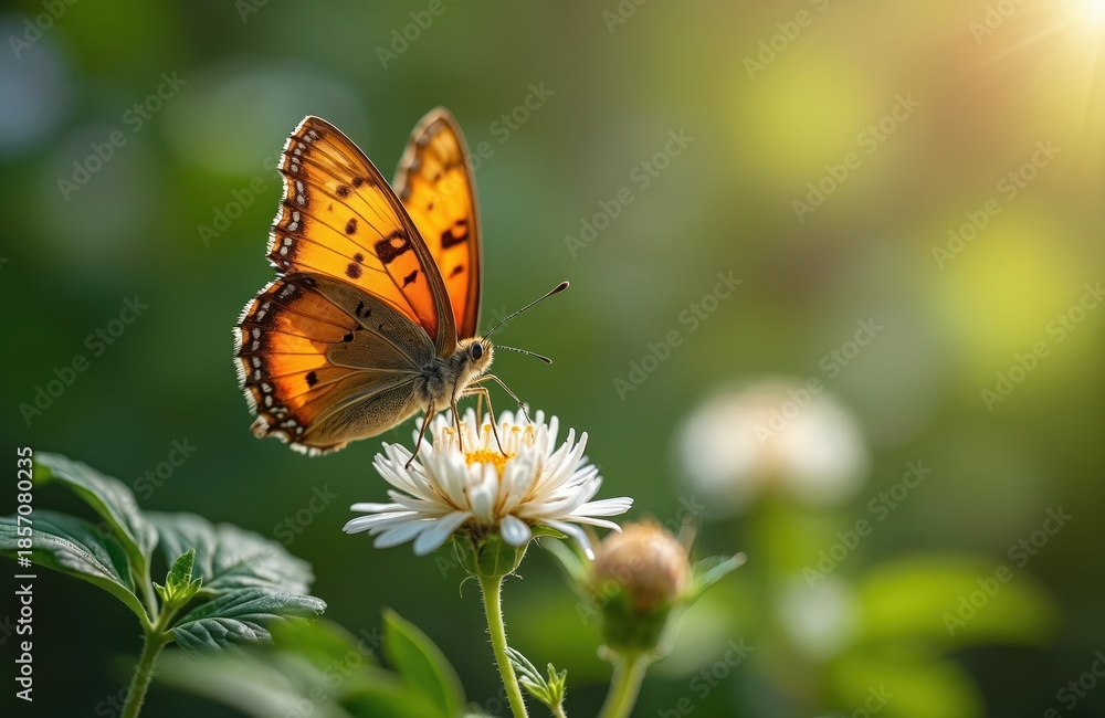 Obraz premium Orange butterfly rests on white flower in green woodland clearing. Sunlight shines through green leaves. Macro detail of insect wings and antennae. Nature scene.