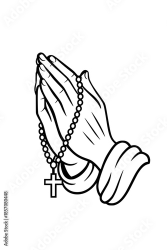 Hands praying rosary cross outline vector black icon isolated illustration image decal design