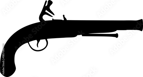 Vintage historical pirate flintlock pistol black silhouette isolated vector icon illustration image decal clipart design