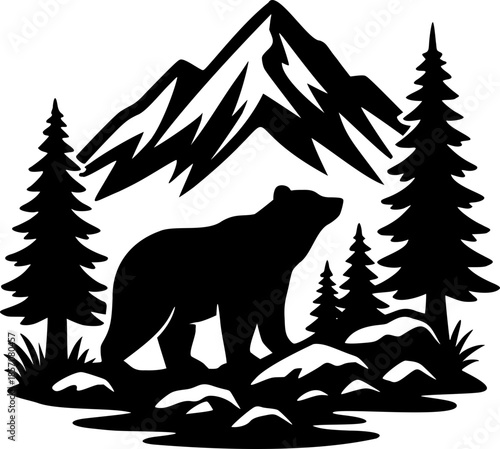 Bear mountains nature scene black silhouette isolated vector icon illustration image decal clipart design