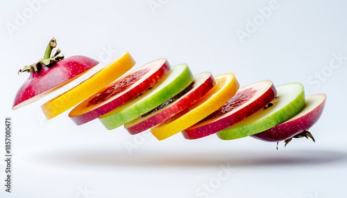 Fruit sliced into perfectly thin layers and suspended midair against a clean white background, captured with crisp studio lighting, highlighting freshness, precision, and modern food photography.
