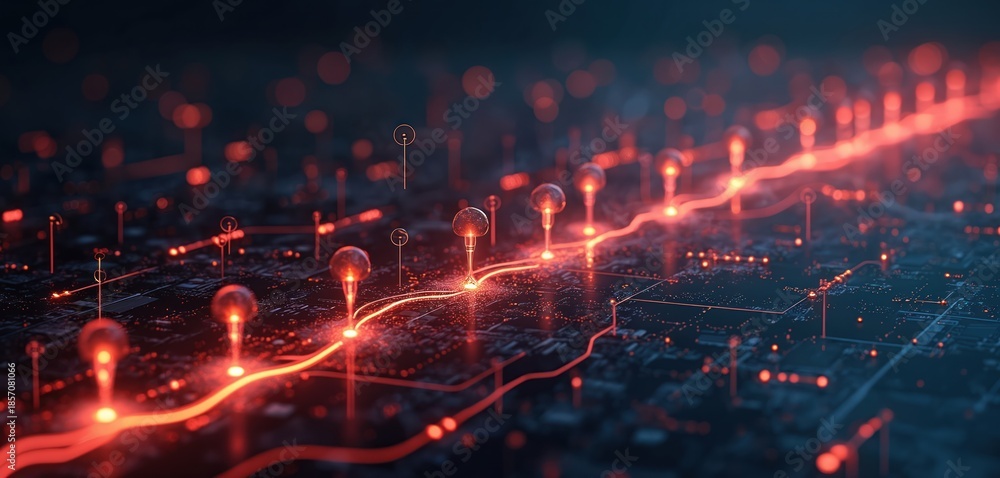 Obraz premium Digital roadmap shows glowing pathways connecting nodes. Data points pulse on complex circuit board. Futuristic infographic displays network progress. Abstract tech network with red light.